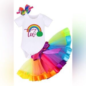 NWT 2T Two Birthday Watermelon Girls Short Sleeve Onesie and Rainbow Tulle Skirt